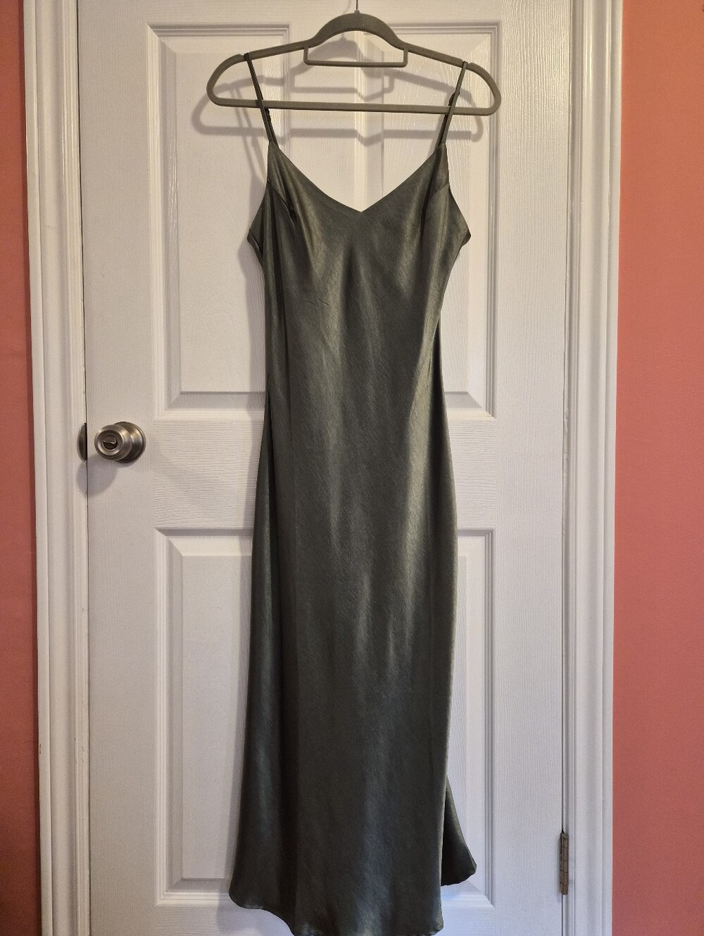 OAK + FORT Satin Slip Midi Dress in Olive